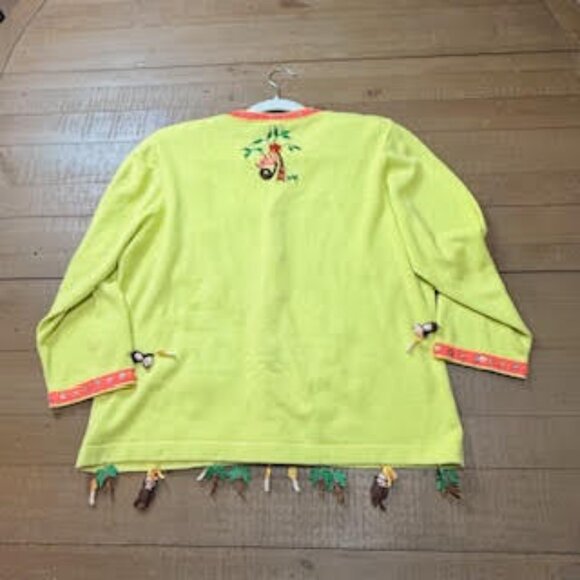 Berek Monkey Jungle Embroidered Cardigan Sweater Yellow Button Front Size Medium - Picture 9 of 15